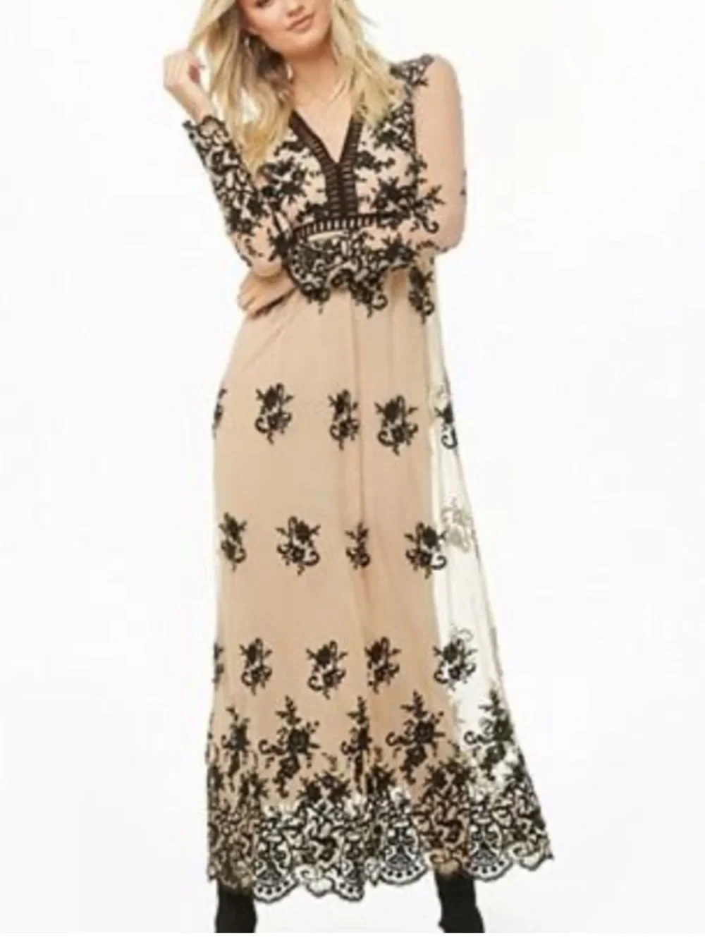 Forever 21 Beige & Black Sheer Embroidered Western Whimsigoth Boho Maxi Dress-S - Picture 1 of 7